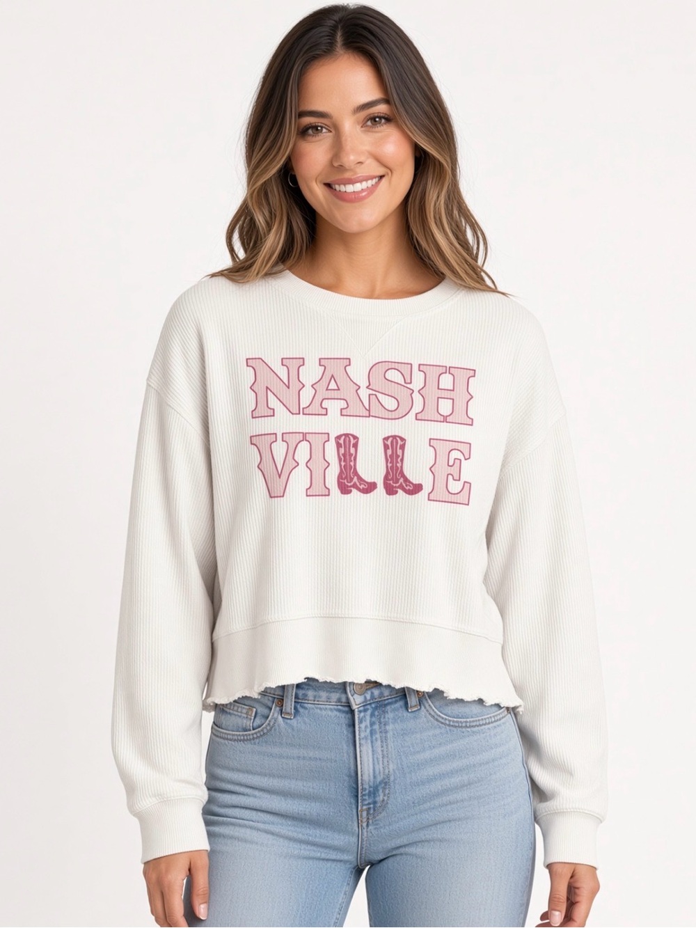 Title: Nashville Cropped Sweatshirt Pink Cowboy Boots Ribbed Cream NWT